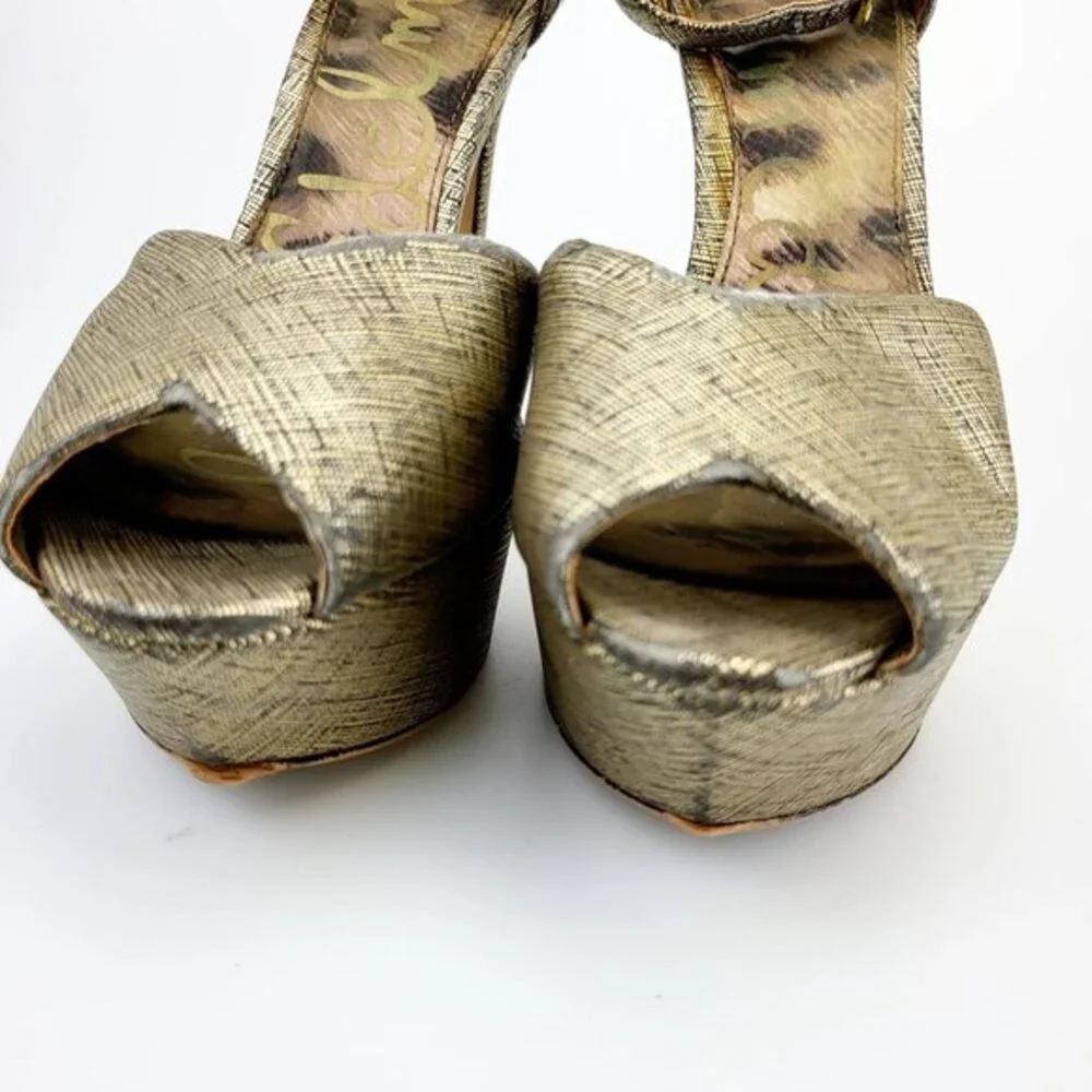 Y2K Platform Heels Sam Edelman Sandals 6 Gold Glam Crosshatch‎ Peep Toe Stiletto